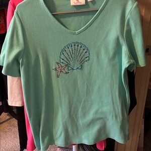 Quacker Factory Kids Aqua Shirt with Shell Design